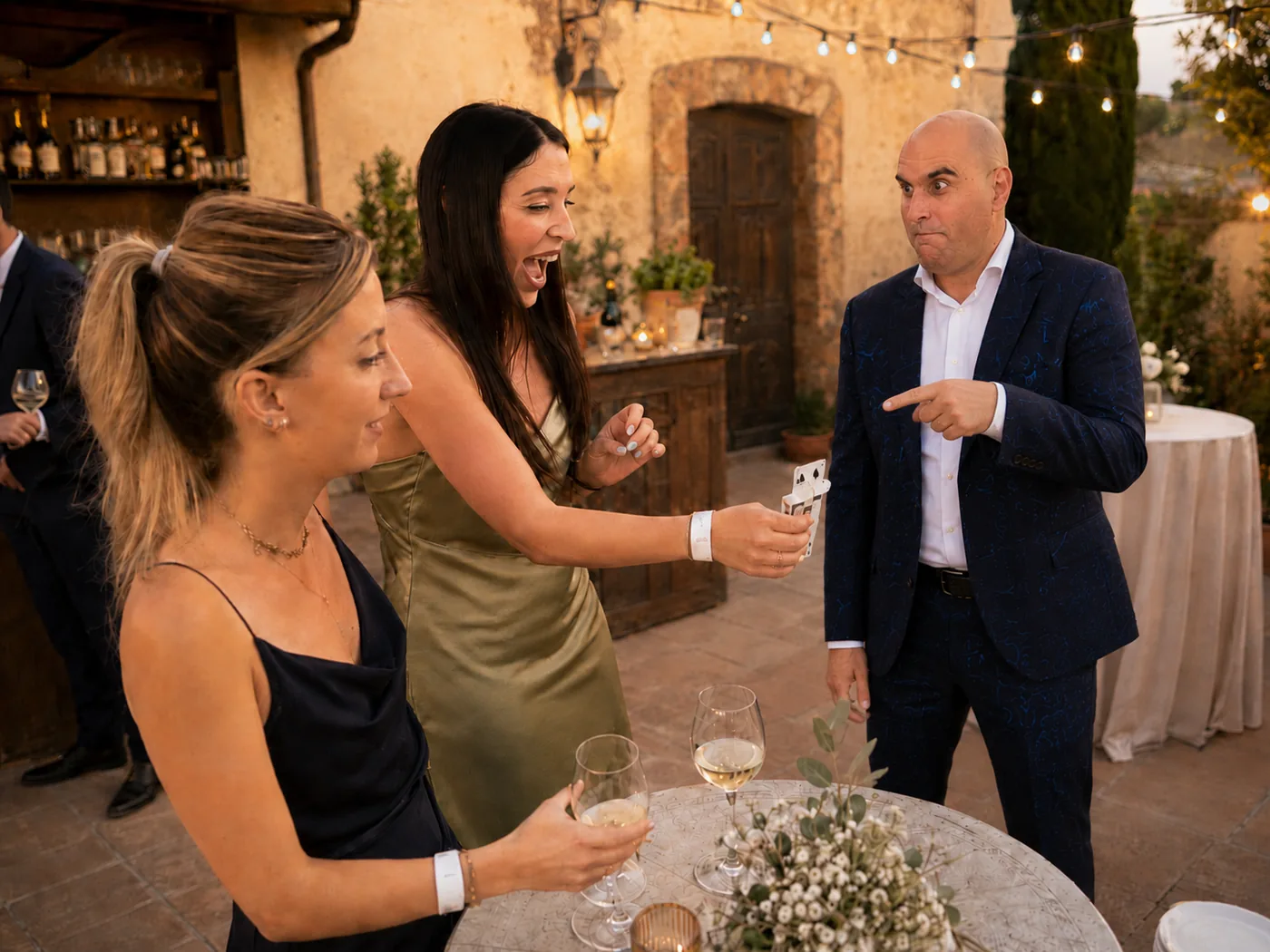 Sibi Ilusionista haciendo magia de cerca durante el cóctel de una boda.