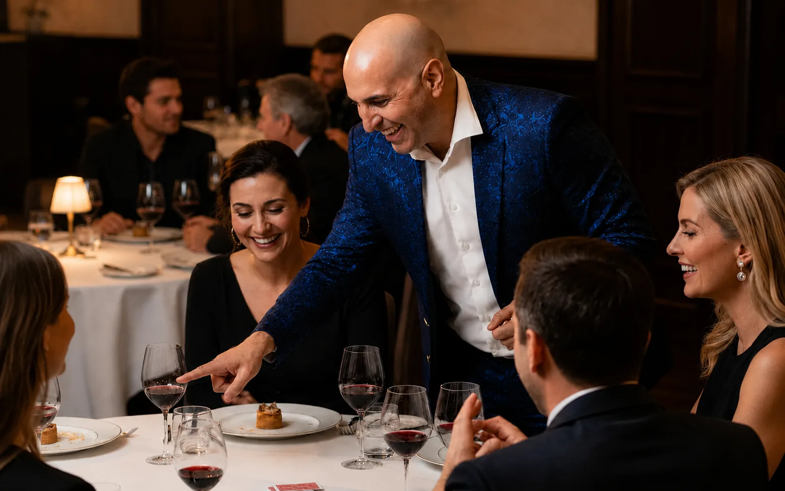 Sibi Ilusionista realizando magia de cerca por las mesas durante una cena de empresa con público adulto.