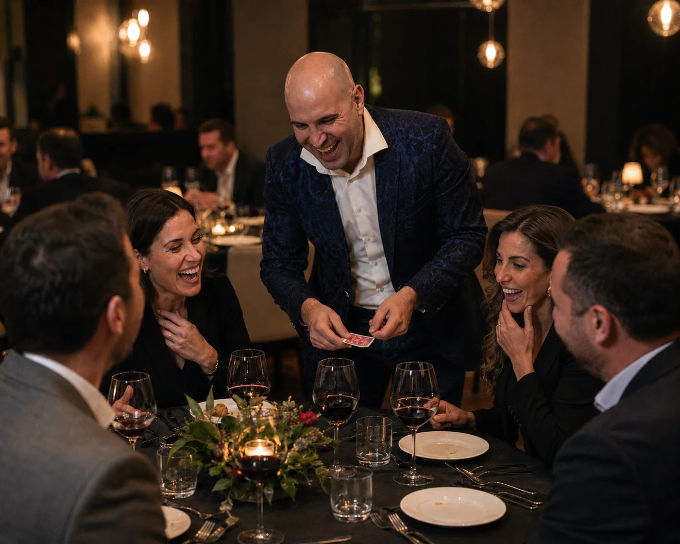Magia de cerca por las mesas en cena de empresa en Madrid Magia de cerca por las mesas en una cena de empresa en Madrid con invitados participando alrededor de la mesa.