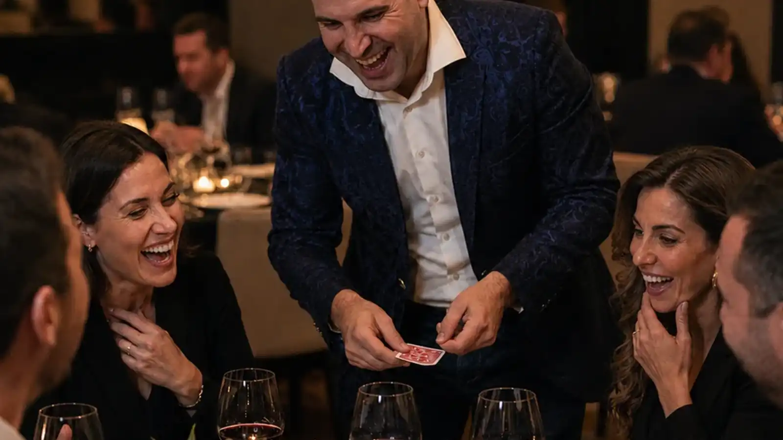 Sibi Ilusionista actuando como mago para cenas de empresa en Madrid con participantes en un evento corporativo